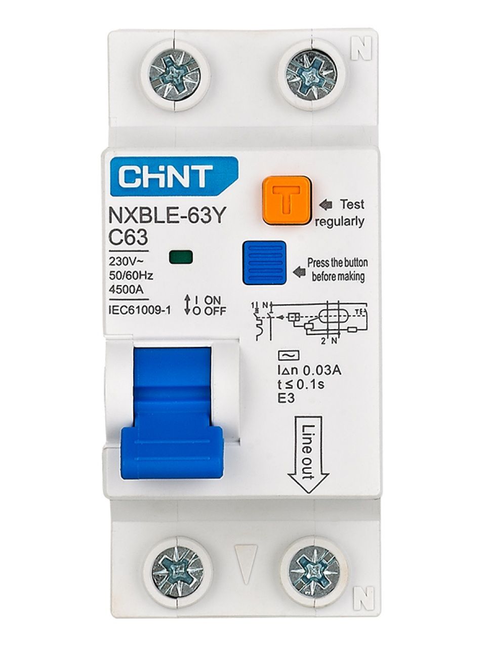 Дифференциальный автомат CHINT NXBLE-63Y 1P+N 63А C 30mA AC 4,5kA