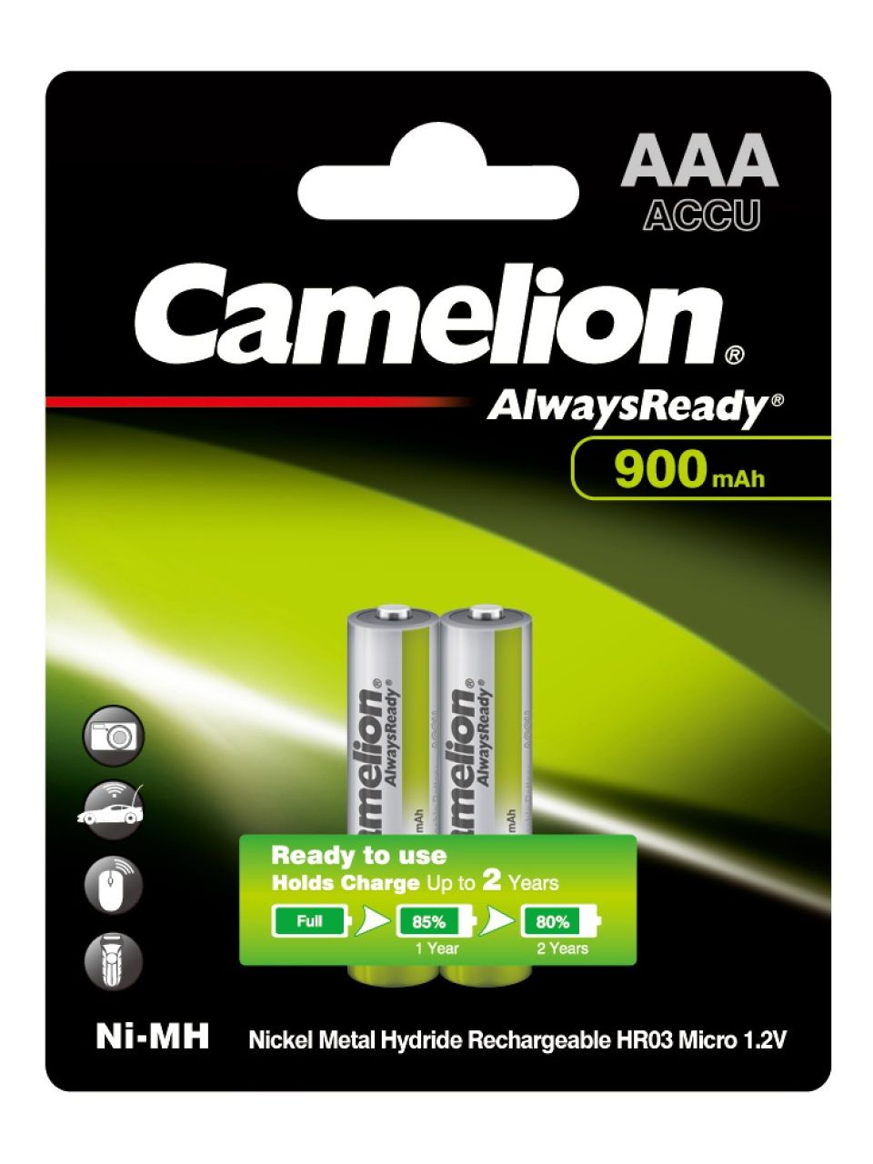Аккумулятор CAMELION AlwaysReady Rechargeable Ni-MH NH-AAA900ARBP2 2 шт. в блистере