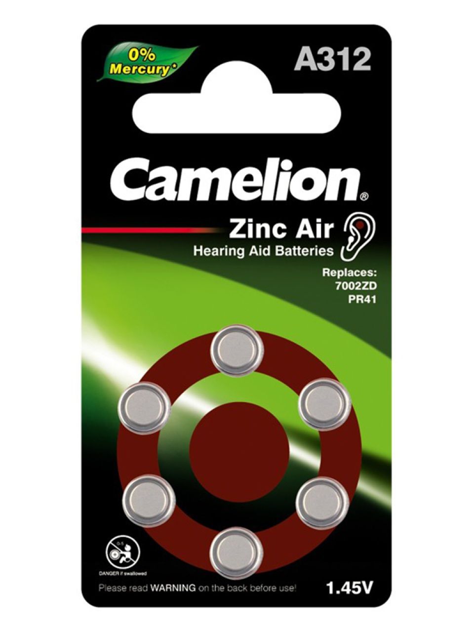 Батарейка CAMELION Zinc Air A312-BP6(0%Hg) 6 шт. в блистере