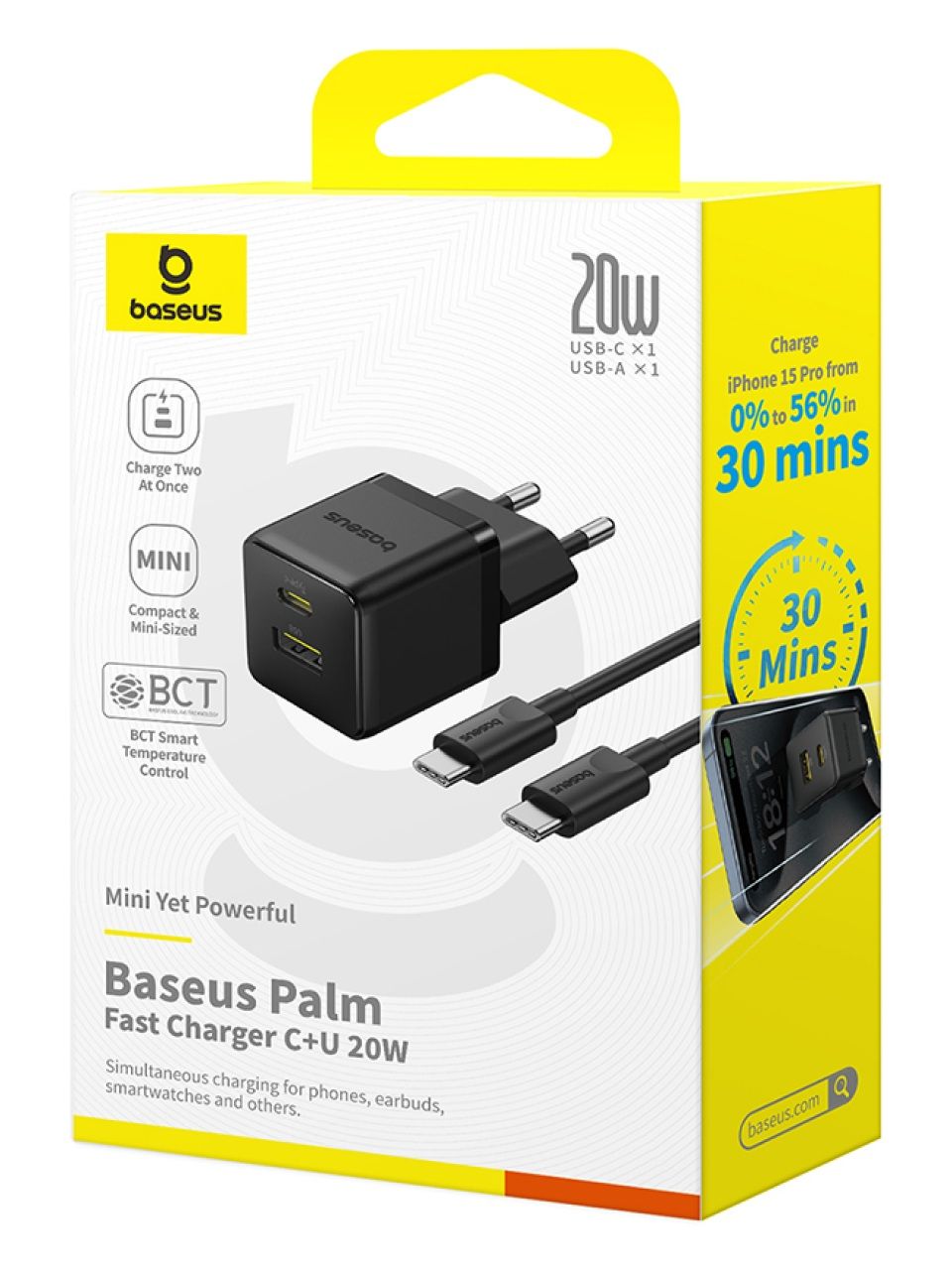 Адаптер питания Baseus Palm C+U 20W EU Black( в комлпекте кабель Type-c) (P10111608113-01)