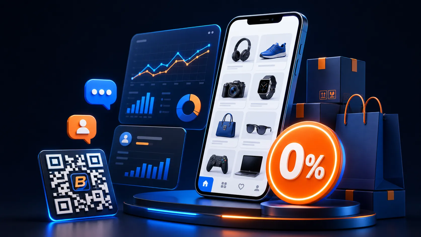 3D-визуал Baraholka Seller: смартфон, аналитика, QR-код, товары и знак 0%